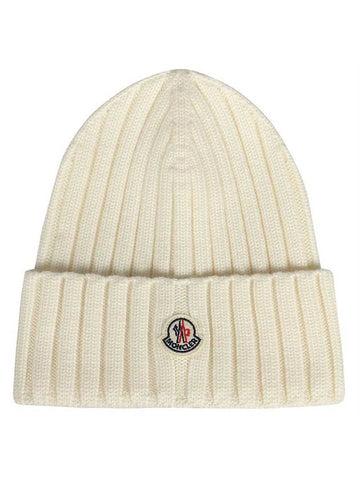 Logo Patch Wool Rib Knit Beanie White - MONCLER - BALAAN.