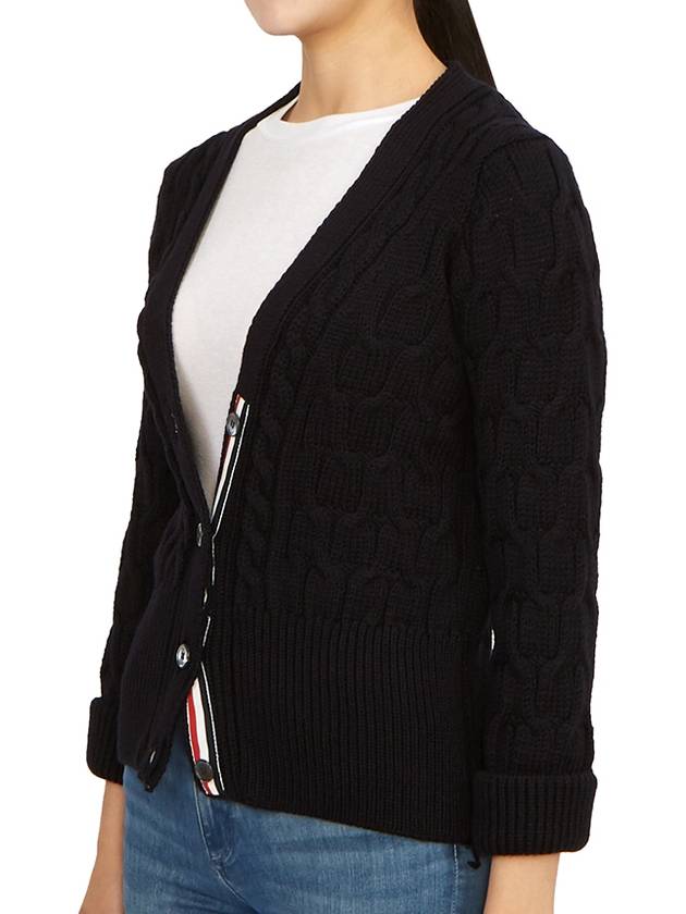 Merino Wool Crisscross Cable Stitch 3/4 Sleeve V-Neck Cardigan Navy - THOM BROWNE - BALAAN 4