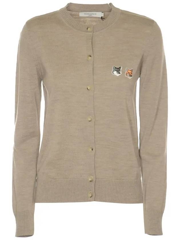 Double Fox Head Patch Round Neck Cardigan Beige Melange - MAISON KITSUNE - BALAAN 2