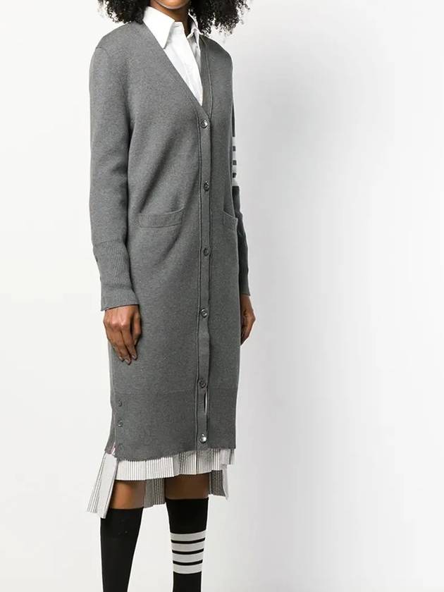 Cotton Crepe Milano Stitch 4-Bar Long V-Neck Cardigan Medium Grey - THOM BROWNE - BALAAN 3