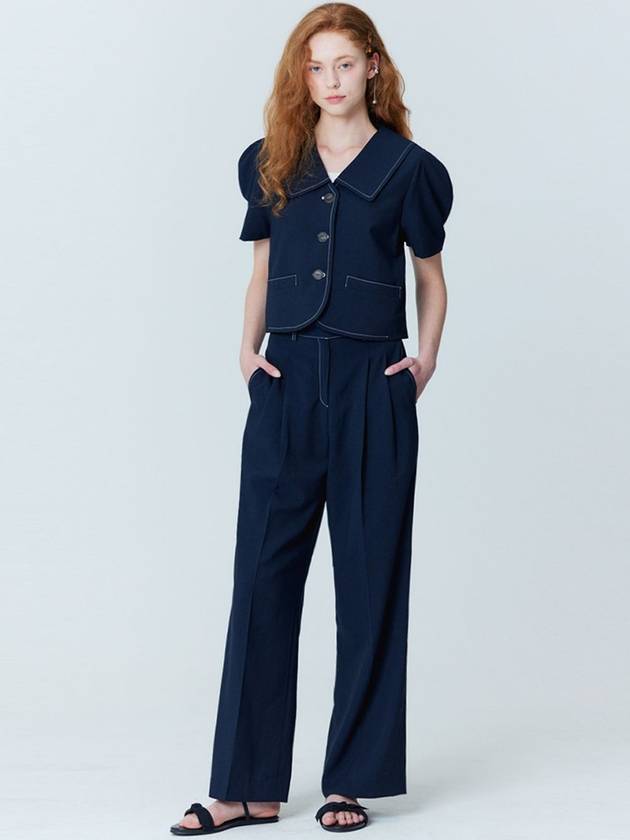 Puff sleeve cropped jacket_two tuck wide pants set_Navy - OPENING SUNSHINE - BALAAN 5