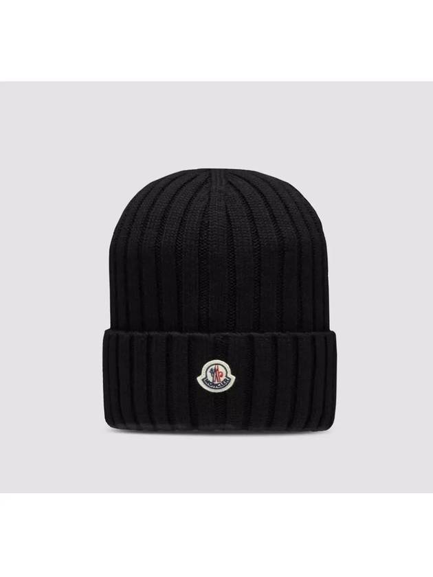 3B00036 A9327 999 Logo Patch Black Wool Beanie - MONCLER - BALAAN 1