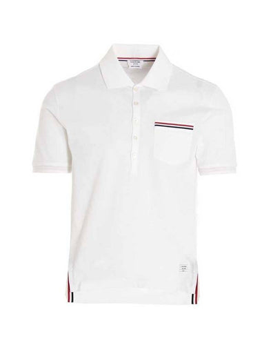 THOM BROWNE Men's Three Stripes RWB Detail Cotton Polo PK T-Shirt White MJP022A 01455 100 - THOM BROWNE - BALAAN