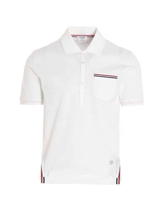 THOM BROWNE Men's Three Stripes RWB Detail Cotton Polo PK T-Shirt White MJP022A 01455 100 - THOM BROWNE - BALAAN