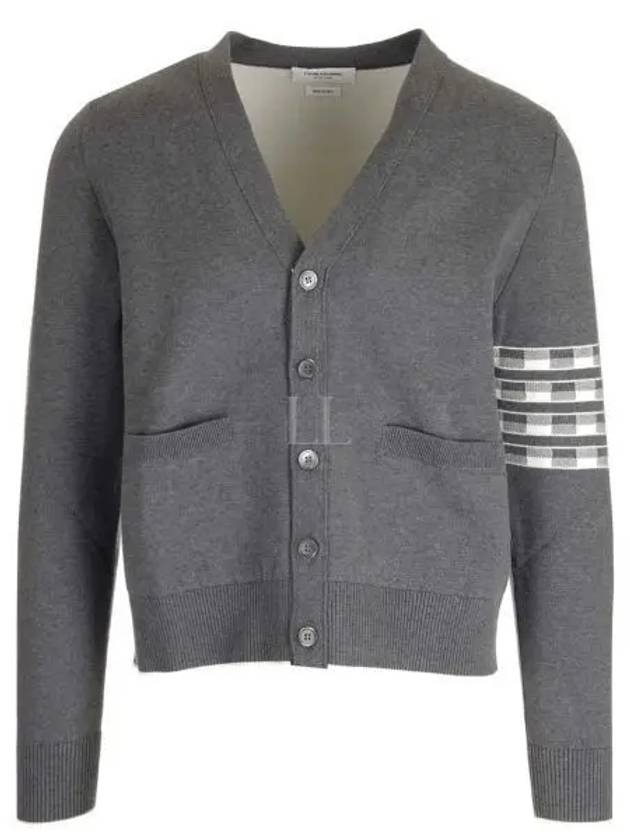 4-Bar V-Neck Hector Jacquard Cotton Cardigan Grey - THOM BROWNE - BALAAN 2