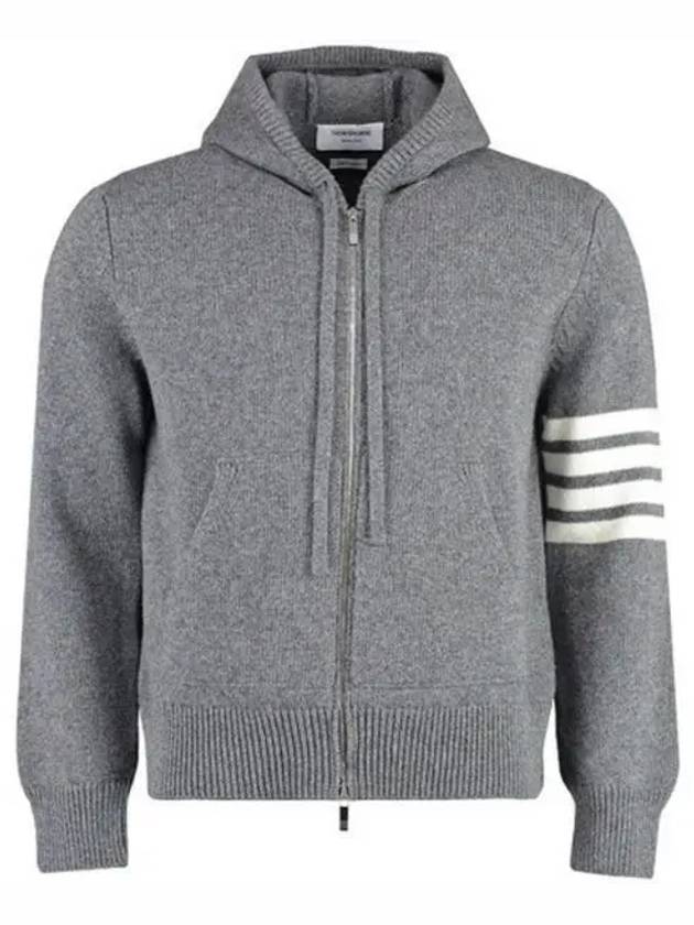 Men's Intarsia 4 Bar Merino Jersey Hooded Zip Up Medium Grey - THOM BROWNE - BALAAN 2