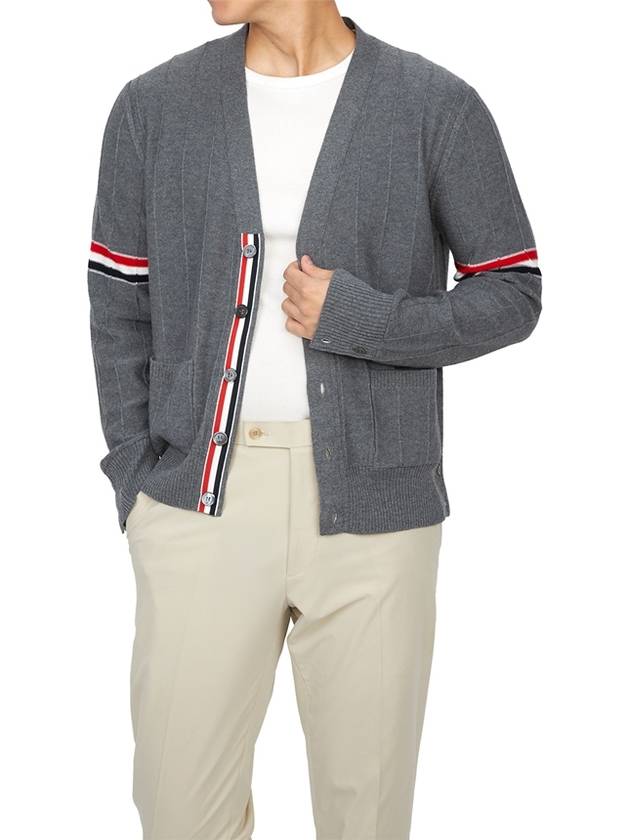 RWB V-neck Striped Virgin Wool Cardigan Grey - THOM BROWNE - BALAAN 6