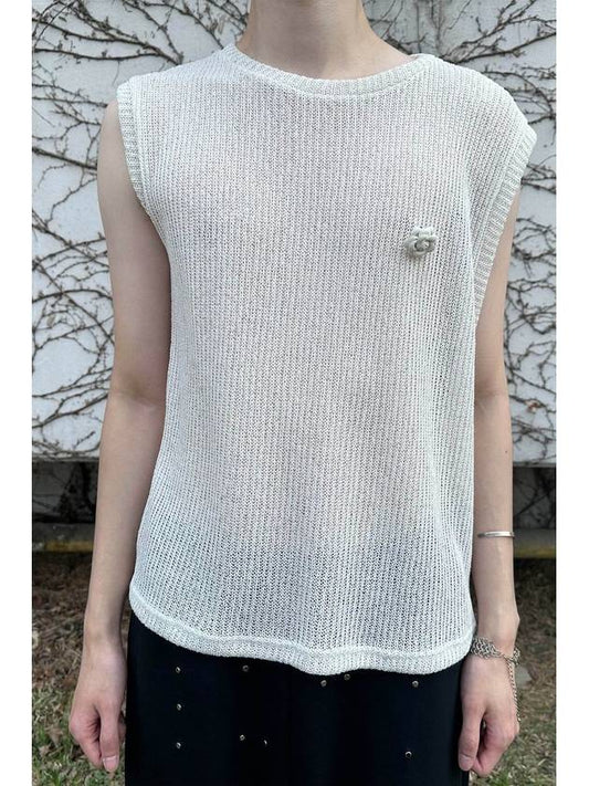 Asymmetric knit vest Brooch Melange White - BLEAK BAKE - BALAAN 1
