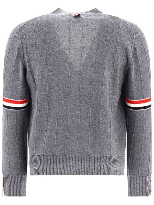 RWB V-neck Striped Virgin Wool Cardigan Grey - THOM BROWNE - BALAAN 3