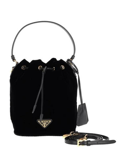 Nappa Leather Detail Velvet Bucket Bag Black - PRADA - BALAAN 2