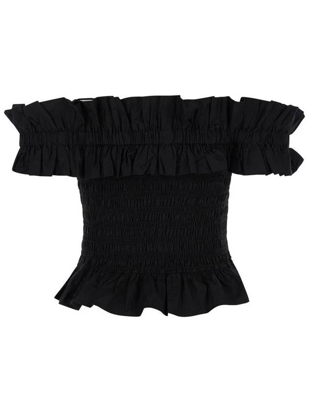 Off-Shoulder Cotton Poplin Smock Blouse Black - GANNI - BALAAN 3