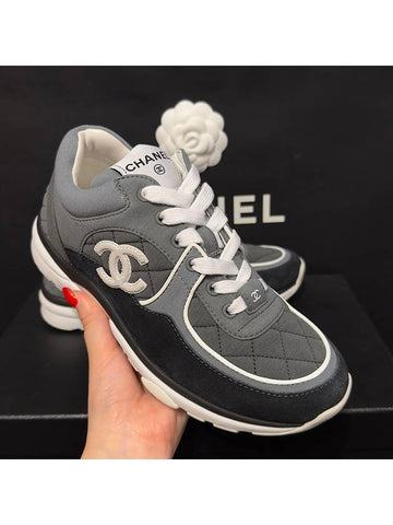 Women's Gray Embossed Black Suede Sneakers - CHANEL - BALAAN 1