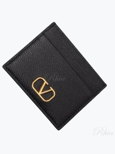 V Logo Signature Grainy Calfskin Card Wallet Black - VALENTINO - BALAAN 2