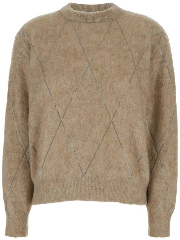 Beige Crewneck Sweater With All-Over Argyle Motiv In Brushed Wool Woman - BRUNELLO CUCINELLI - BALAAN 1