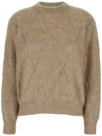 Beige Crewneck Sweater With All-Over Argyle Motiv In Brushed Wool Woman - BRUNELLO CUCINELLI - BALAAN 1