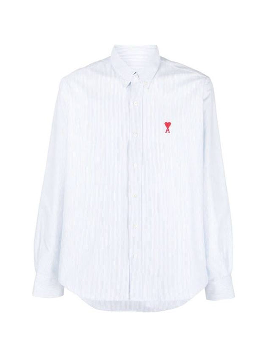 Embroidered Heart Logo Stripe Long Sleeve Shirt Sky Blue - AMI - BALAAN 1
