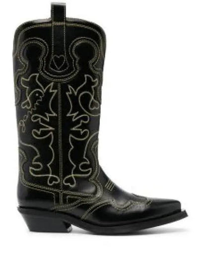 Embroidered Western Leather Middle Boots Black - GANNI - BALAAN 2