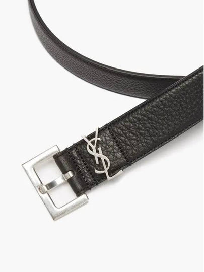 Silvertone metal YSL plaque square buckle grained leather belt - SAINT LAURENT - BALAAN 2