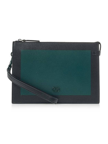 V Logo Bicolor Leather Clutch Bag Black Green - VALENTINO - BALAAN 1