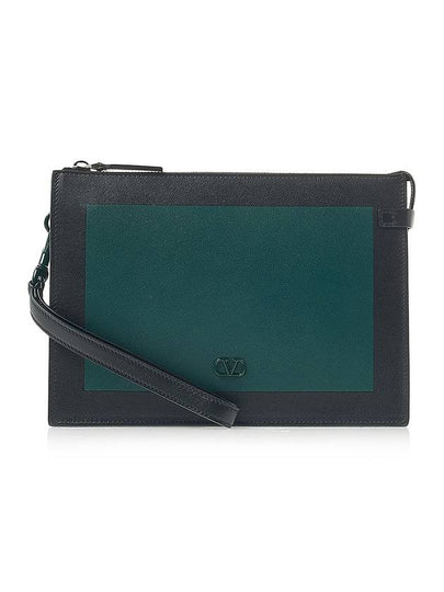 V Logo Bicolor Leather Clutch Bag Black Green - VALENTINO - BALAAN 2