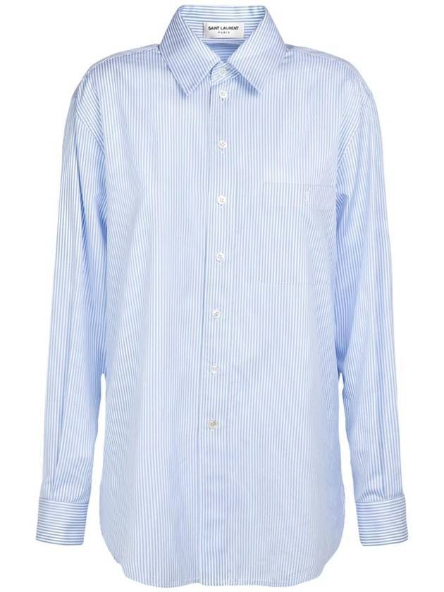 Striped Cotton Poplin Monogram Long Sleeve Shirt Blue - SAINT LAURENT - BALAAN 1