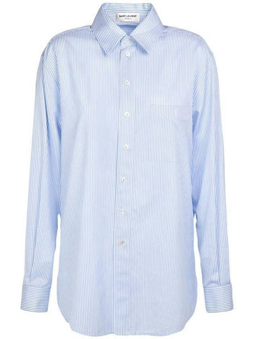 Striped Cotton Poplin Monogram Long Sleeve Shirt Blue - SAINT LAURENT - BALAAN 1