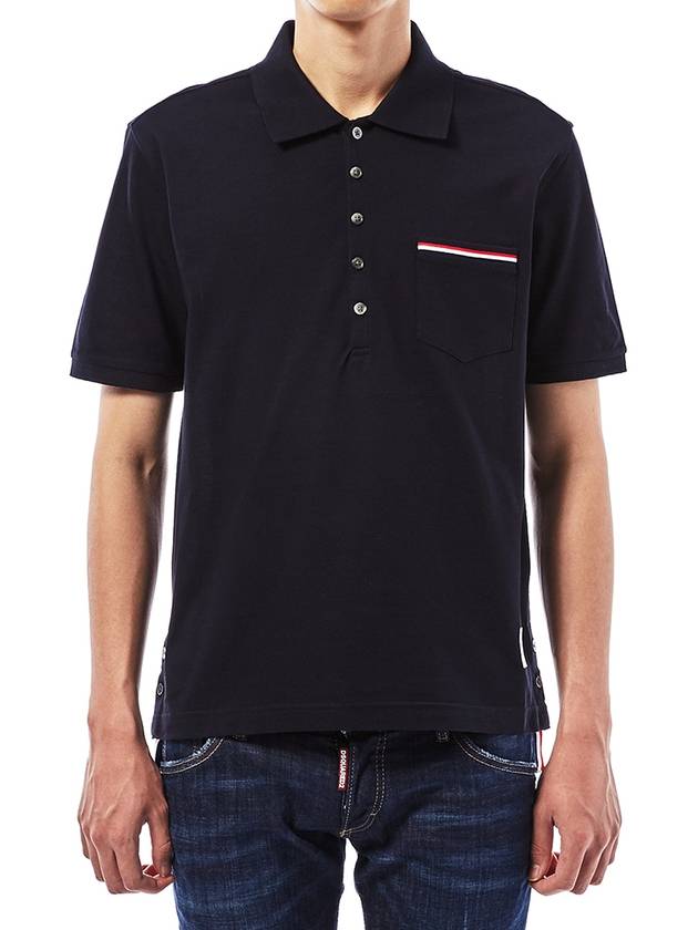 Men's Three Stripes Pocket Mercerized Short Sleeve Polo Shirt Navy - THOM BROWNE - BALAAN 2