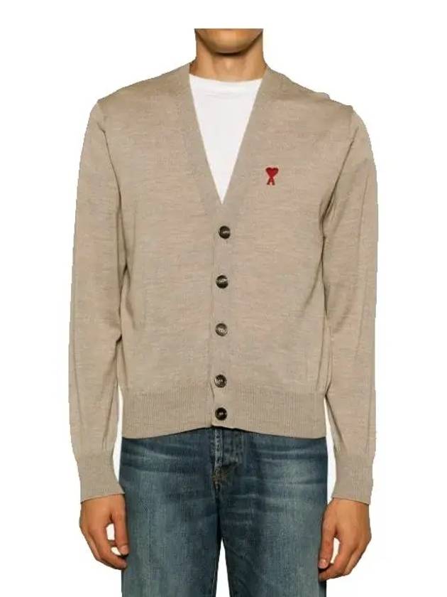 Red Heart Logo Merino Wool Cardigan Beige - AMI - BALAAN 4