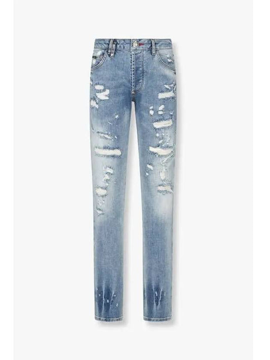 Men s Skull Embroidery Pattern Straight Jeans Blue - PHILIPP PLEIN - BALAAN 1