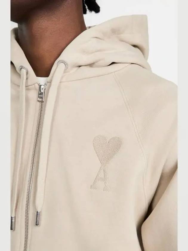 Men's Heart Embroidered Logo Zip-Up Hoodie Beige - AMI - BALAAN 6