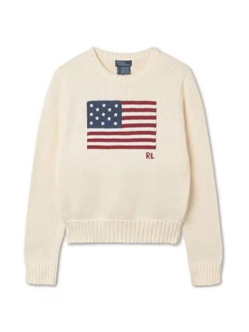 W Flag Cotton Crew Neck Sweater Natural - POLO RALPH LAUREN - BALAAN 1