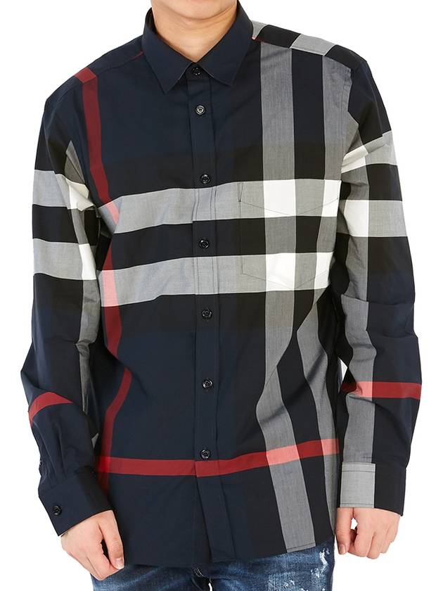 Men's Checked Stretch Cotton Poplin Long Sleeve Shirt Navy - BURBERRY - BALAAN 8