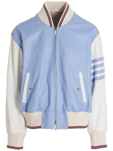 Lamb Leather Oversized Jacket Light Blue - THOM BROWNE - BALAAN 1