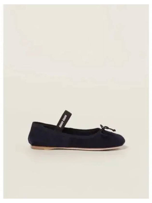 Bow Elasticized Logo Strap Suede Ballerina Navy - MIU MIU - BALAAN 2