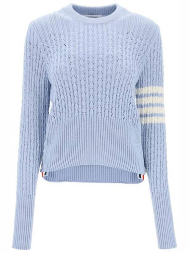 4 Bar Pointelle Knit Top Light Blue - THOM BROWNE - BALAAN 1