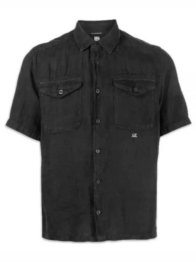 Small Logo Button Linen Short Sleeve Shirt Black - CP COMPANY - BALAAN 2