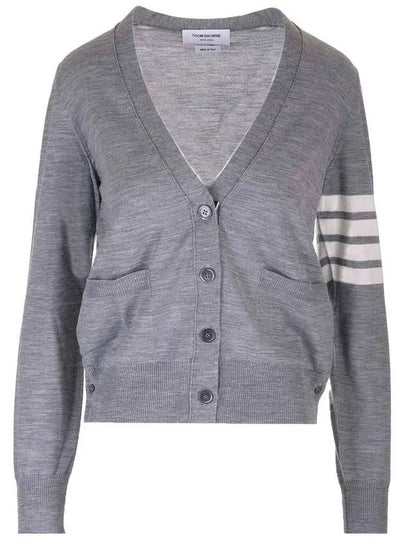 Sustainable Fine Merino Wool 4-Bar Relaxed Fit V-Neck Cardigan Light Grey - THOM BROWNE - BALAAN 2