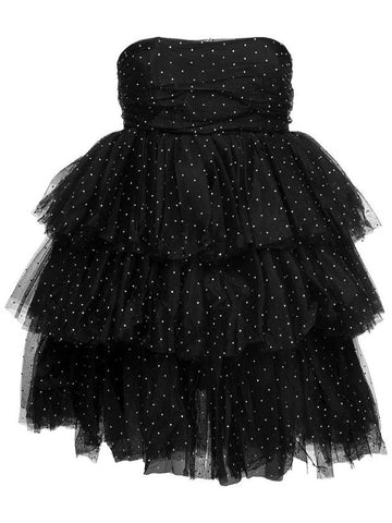 Mini Black Flounced Dress With All-Over Rhinestones Embellishment In Mesh Woman - ROTATE - BALAAN 1