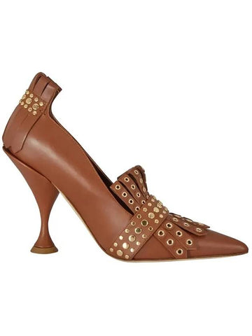 Women's Studded Kilty Point Pumps Heel Brown - BURBERRY - BALAAN 1