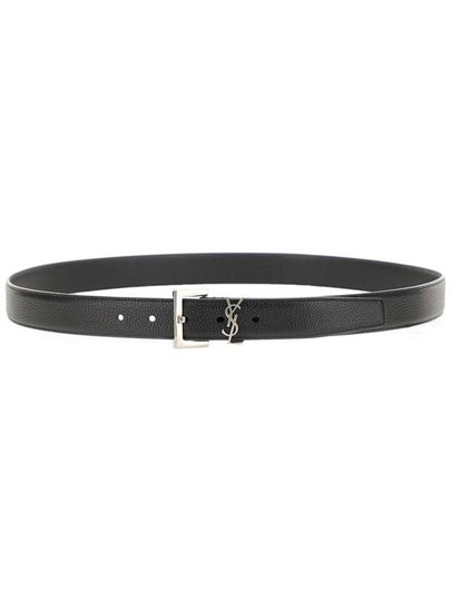 Grained Leather Silver Monogram Belt Black - SAINT LAURENT - BALAAN 2