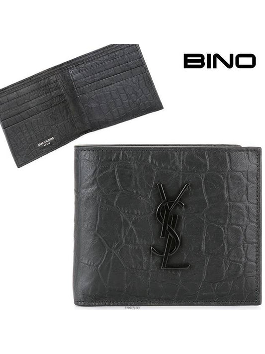 Men's Monogram Crocodile Leather Half Wallet Black - SAINT LAURENT - BALAAN 2