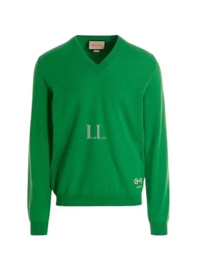 Men's Cashmere Embroidered Logo V-Neck Knit Top Green - GUCCI - BALAAN 2