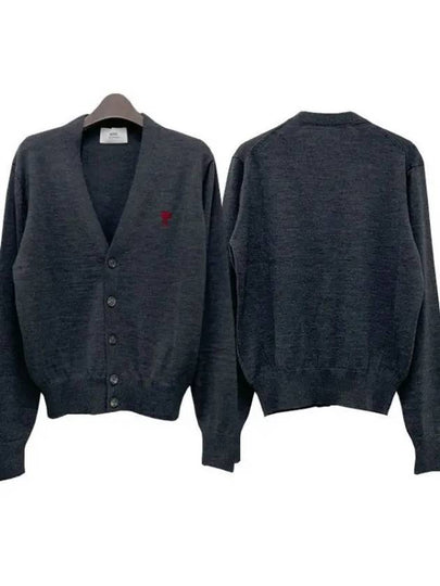 Red Heart Logo Merino Wool Cardigan Heather Grey - AMI - BALAAN 2