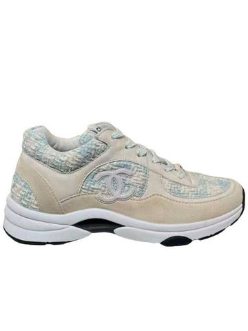 CC Logo Cotton Tweed Suede Calfskin Low Top Sneakers Light Blue Ecru - CHANEL - BALAAN 1