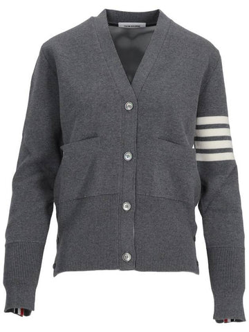 MILANO CLASSIC V NECK CARDIGAN W/ 4 BAR STRIPE IN FINE MERINO WOOL - THOM BROWNE - BALAAN 1