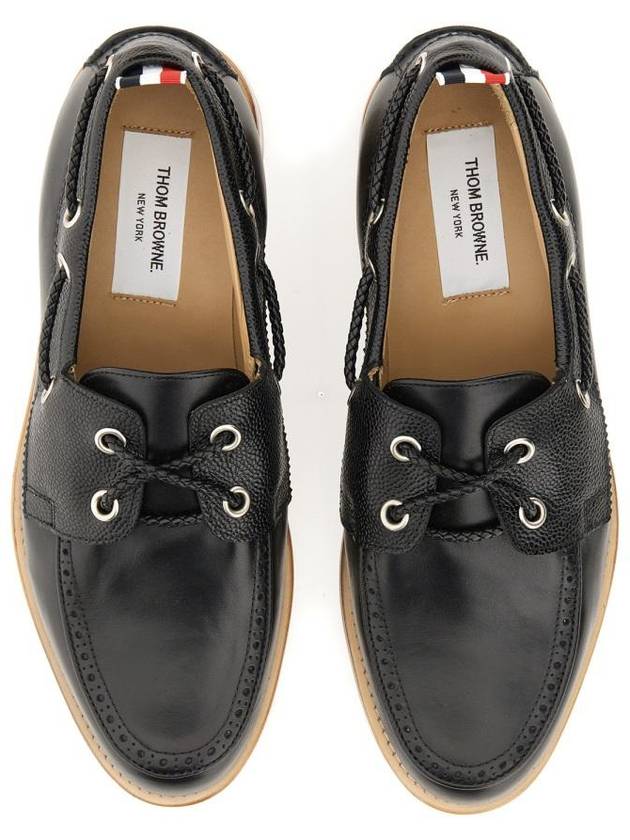 Men's Vitello Calf Leather Boat Shoes Black - THOM BROWNE - BALAAN 3