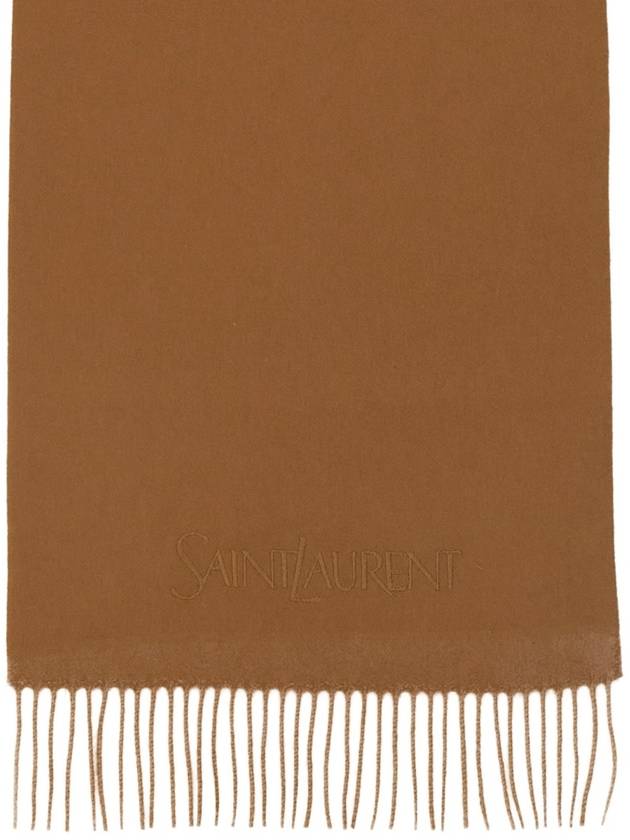 Logo Embroidered Cashmere Muffler Camel - SAINT LAURENT - BALAAN 3