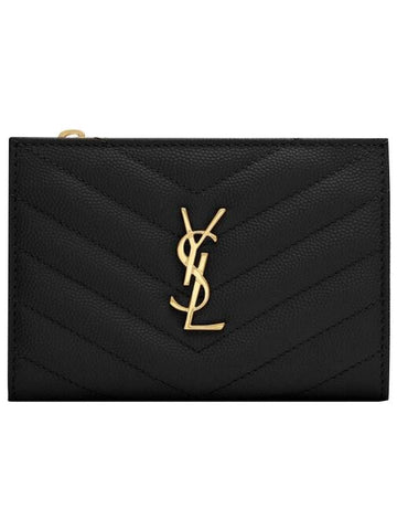 Grain Leather Quilted Stitch Card Wallet Black - SAINT LAURENT - BALAAN 1