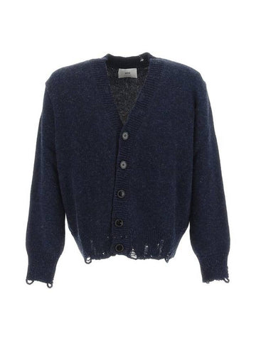 Distressed V-Neck Cardigan Navy - AMI - BALAAN 1