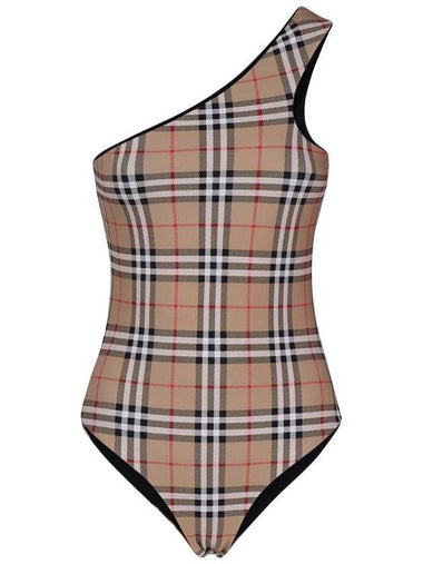 Women's Vintage Check One Shoulder One-Piece Swimsuit Beige - BURBERRY - BALAAN 1